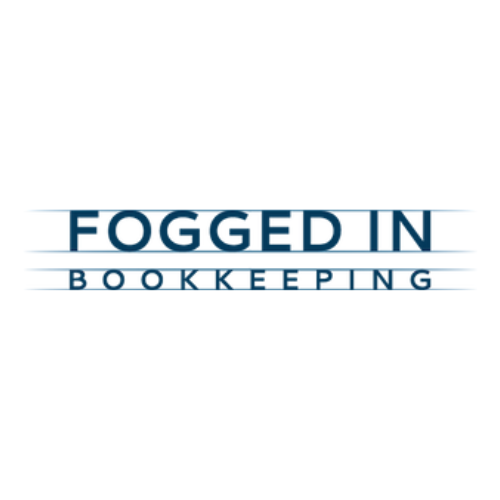 a logo for fogged in bookkeeping is shown on a white background .