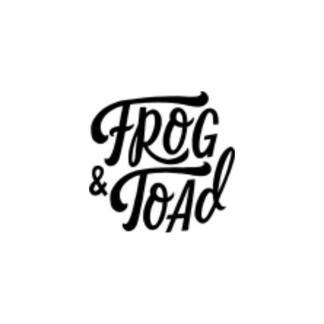 a black and white logo for frog and toad on a white background .