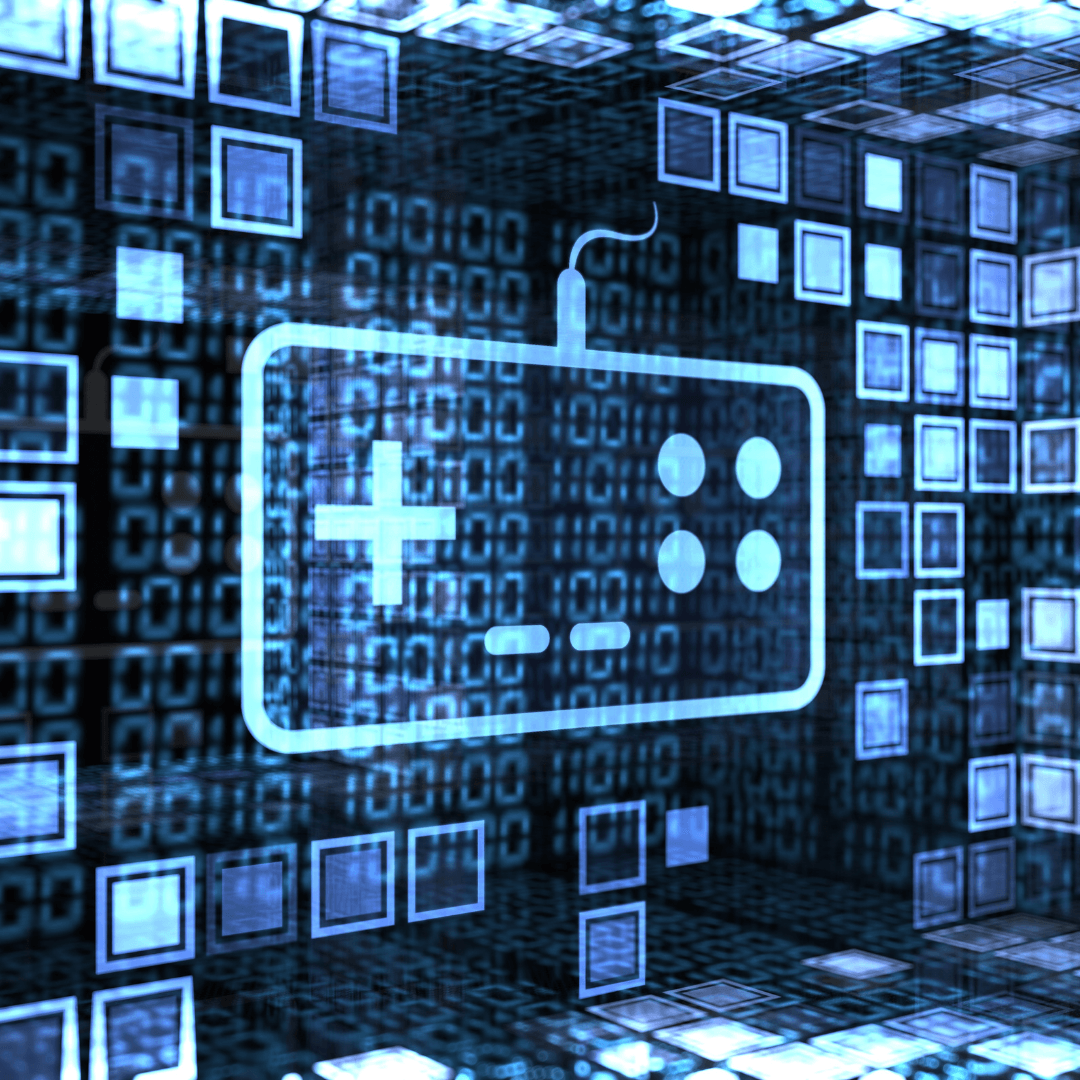 Glowing controller icon overlaid on a digital blue binary code background.