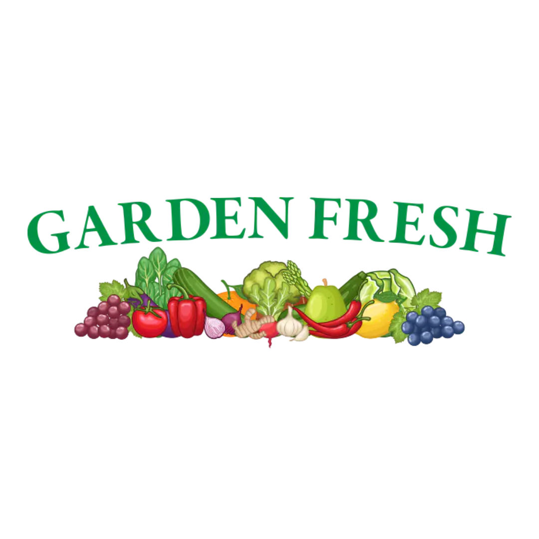 a garden fresh logo with fruits and vegetables on a white background .