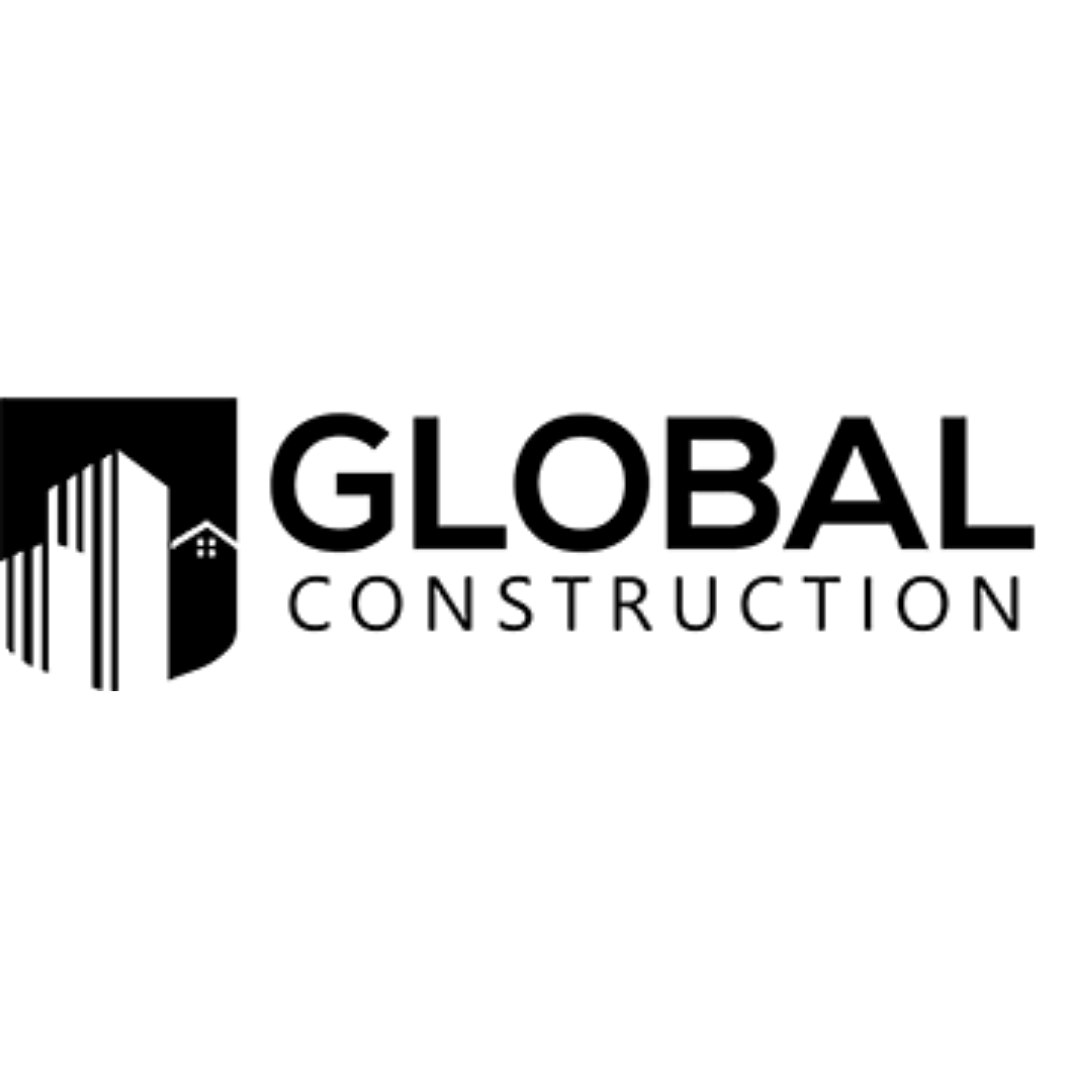 a black and white logo for a construction company called global construction .