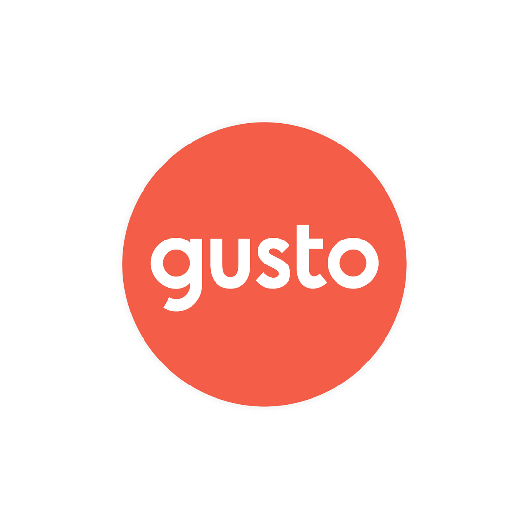 A red circle with the word gusto written inside of it.