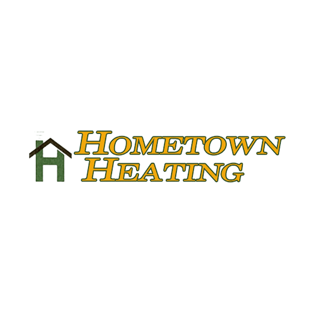 a logo for hometown heating with a house on it .