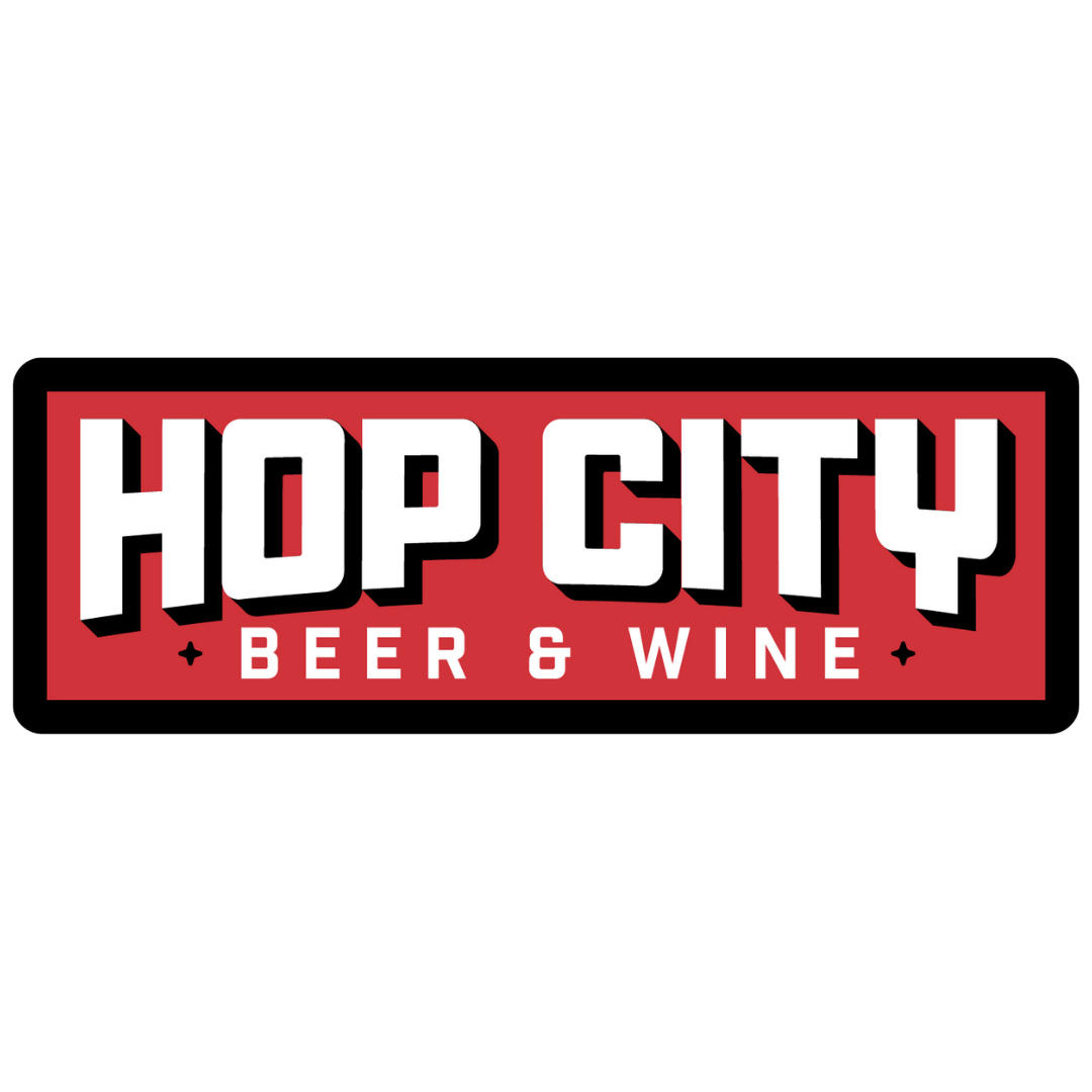 The logo for hop city beer and wine is red and white.