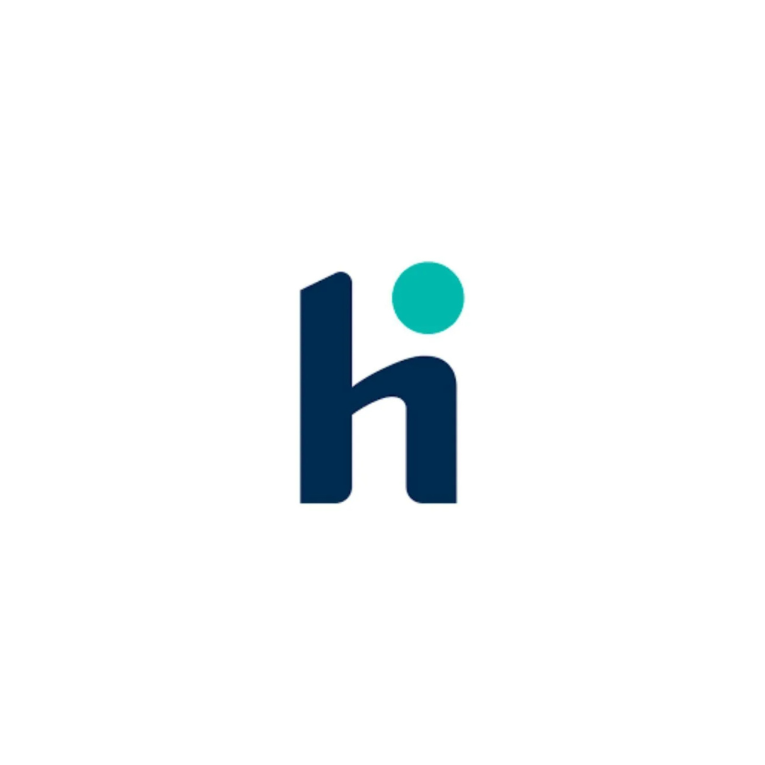 A blue letter h with a green circle in the middle on a white background.