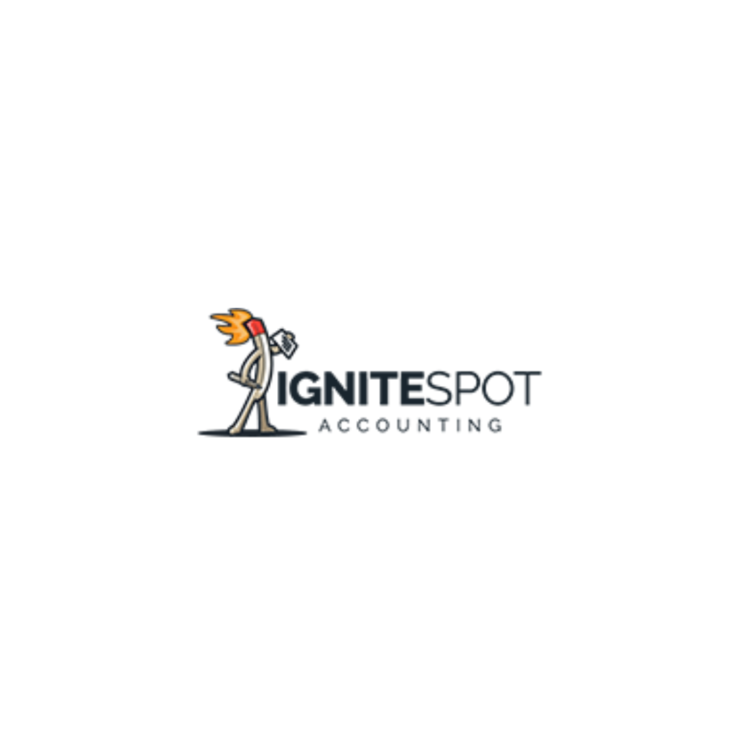 a logo for ignitespot accounting with a stick figure holding a torch .