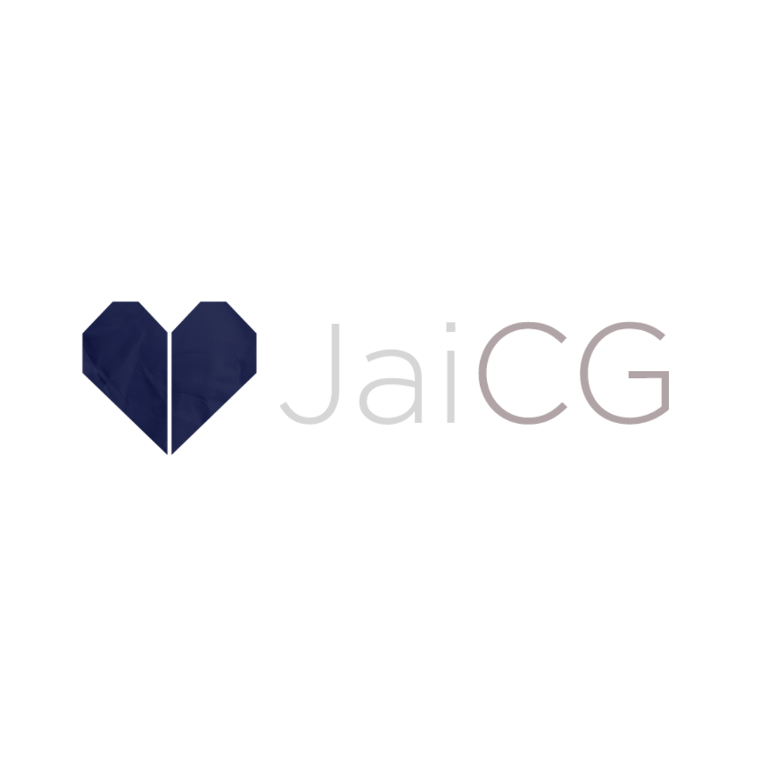 a logo for jaiccg with a blue heart on a white background
