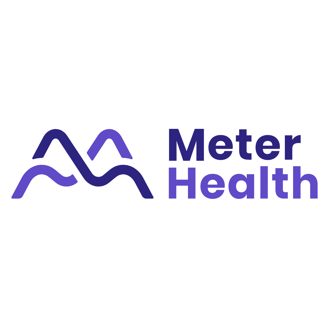 the meter health logo is purple and white and says meter health .