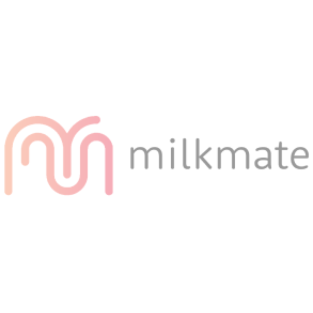 a pink and white logo for milkmate on a white background
