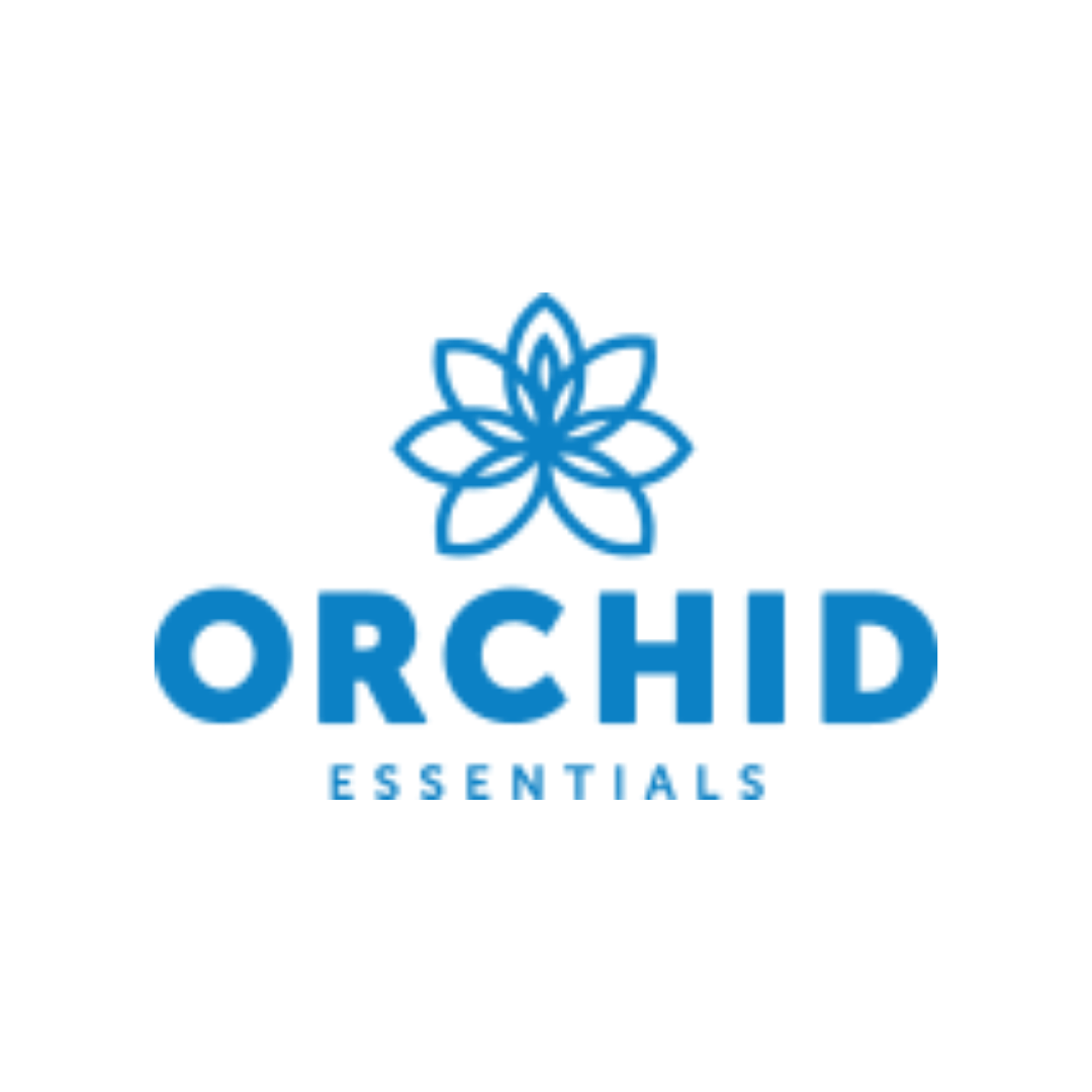 a blue logo for orchid essentials with a flower on it
