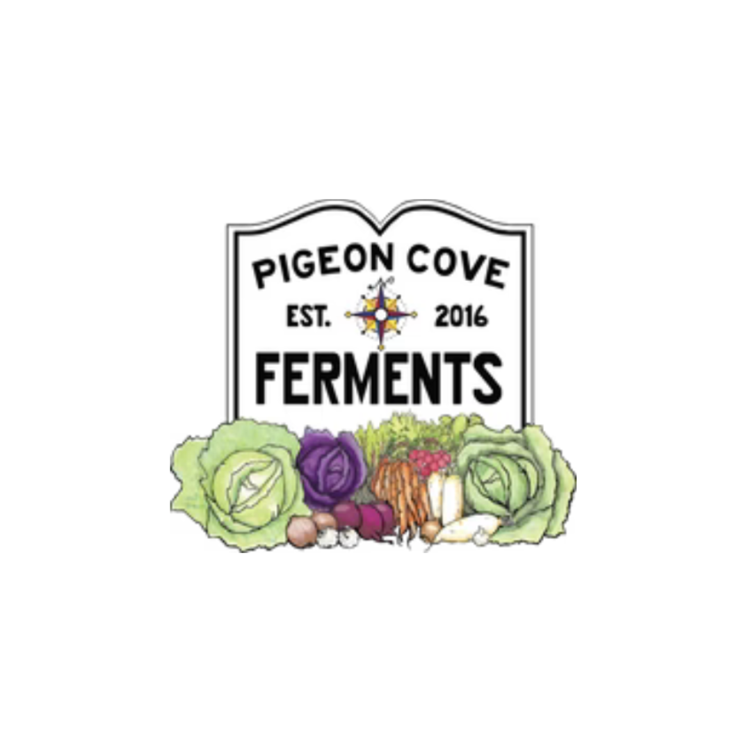 a logo for pigeon cove ferments with vegetables on a white background .