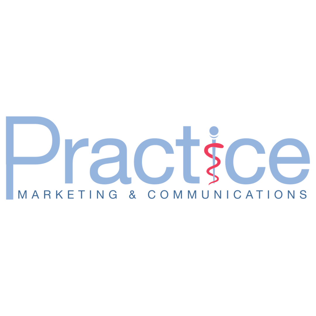 A logo for practice marketing and communications with a caduceus on it.