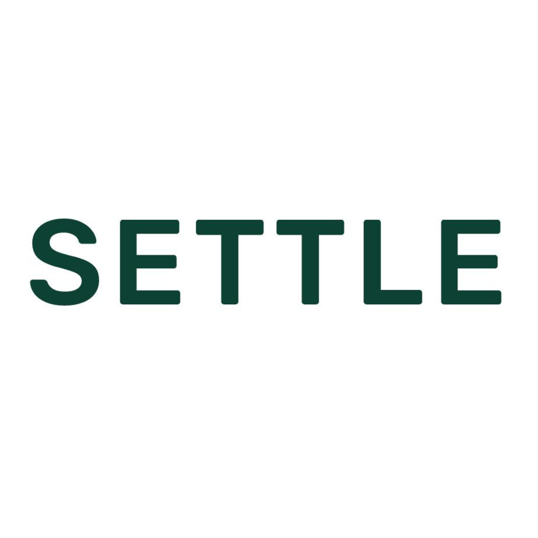 the word settle is written in green letters on a white background .