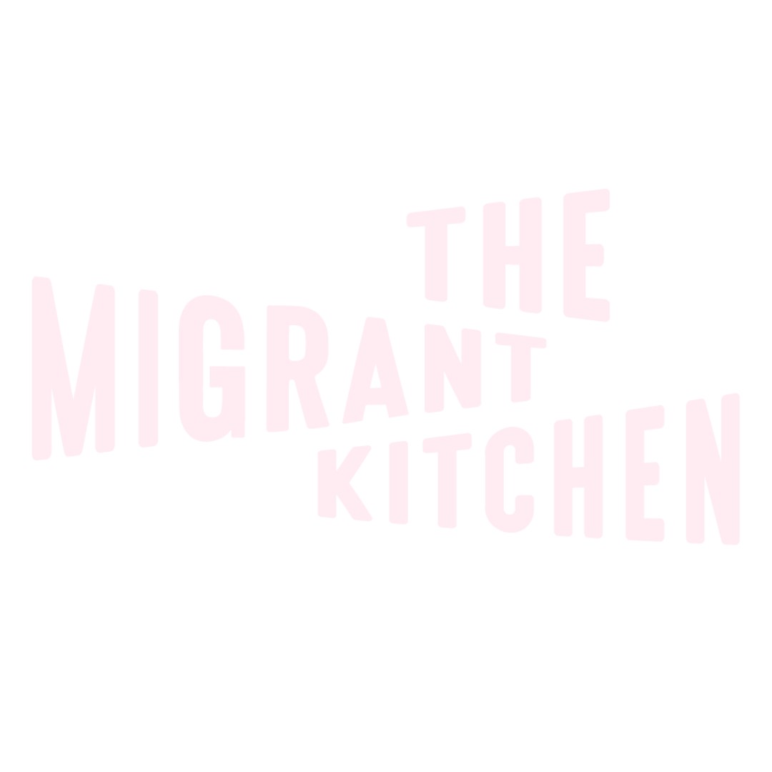 the logo for the migrant kitchen is pink and white on a white background .