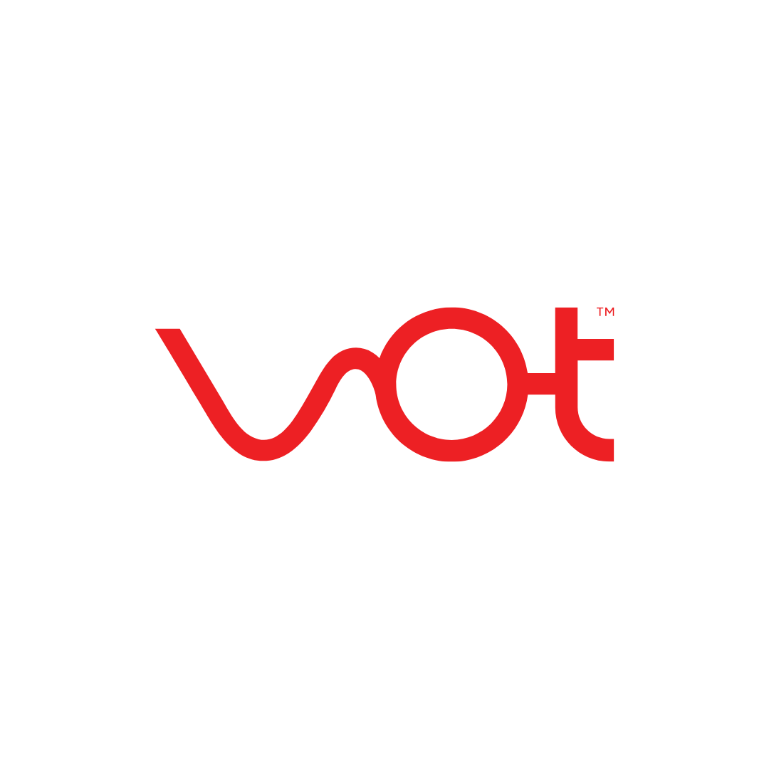 a red and white logo for vot on a white background