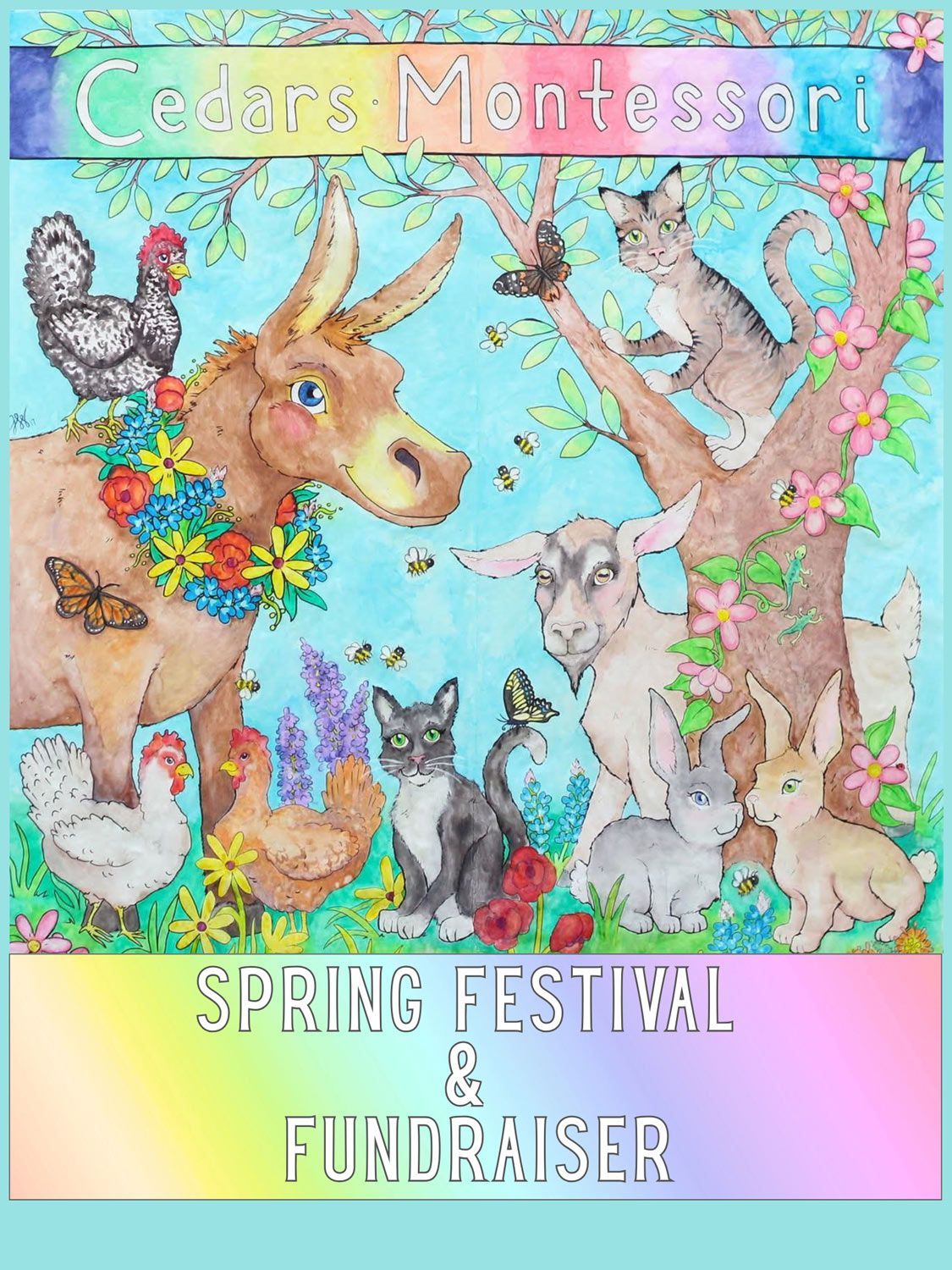 Cedars Montessori Spring Festival & Fundraiser, featuring farm animals, cats, and rabbits in a garden.