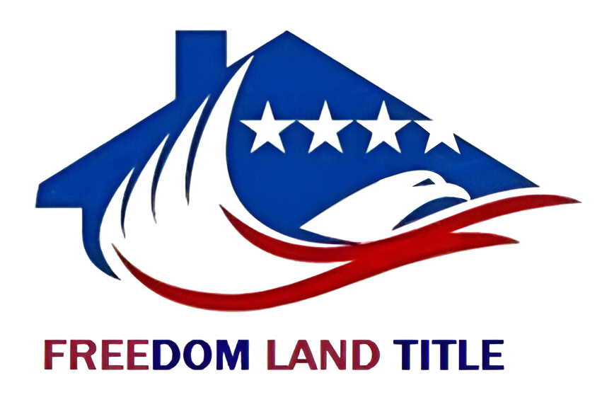 Logo for Freedom Land Title: house shape with eagle and stars in patriotic colors.