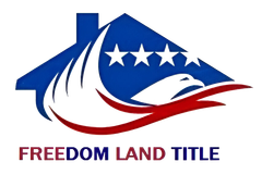 Logo for Freedom Land Title: house shape with eagle and stars in patriotic colors.