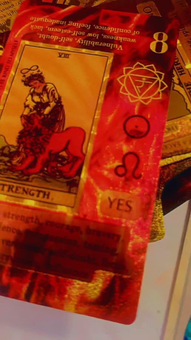 Tarot card: Strength. Woman calms a lion. Red/orange background, YES, and 8 symbols visible.