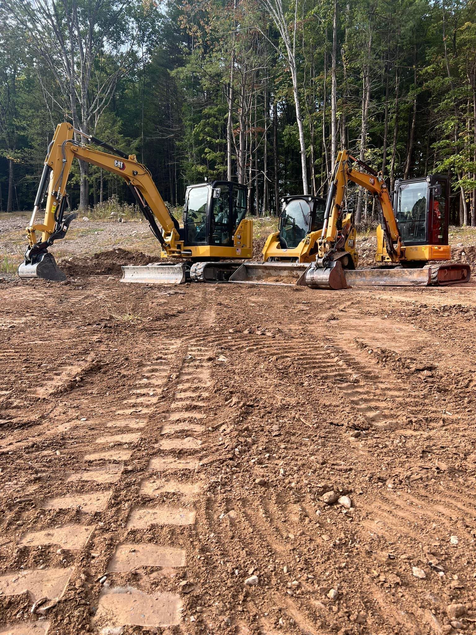 Three yellow excavators on muddy ground in front of a forest.