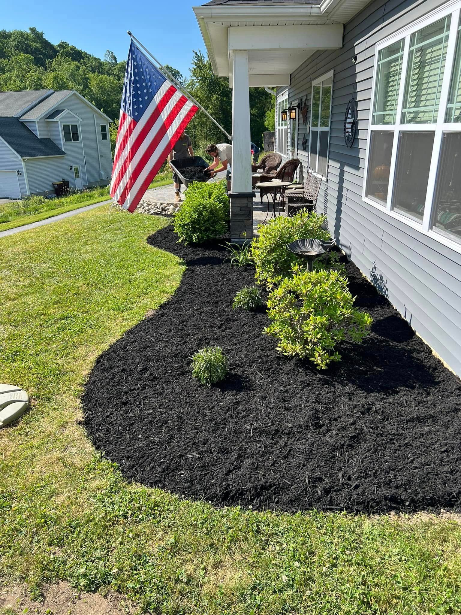 Garden bed next to a concrete walkway with wheelbarrow; small green plants and mulch visible.