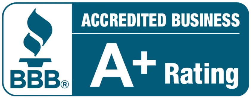 BBB Accredited Business logo, blue and white, with an A+ rating.
