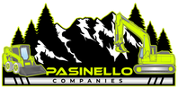 Logo for Pasinello Companies, features mountains, trees, and construction vehicles in neon green and black.