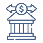 A line drawing of a bank building with arrows pointing in opposite directions and a dollar sign on top.