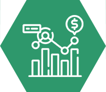 A green hexagon with a line icon of a graph and a dollar sign.