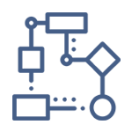 A blue line icon of a flow chart with squares and circles.