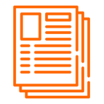 An orange icon of a stack of papers on a white background.