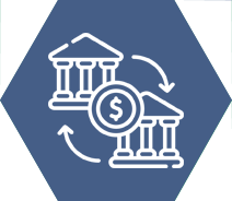 Un dibujo lineal de dos edificios y una moneda con un signo de dólar.
