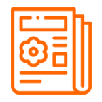 An orange icon of a newspaper with a flower on it.