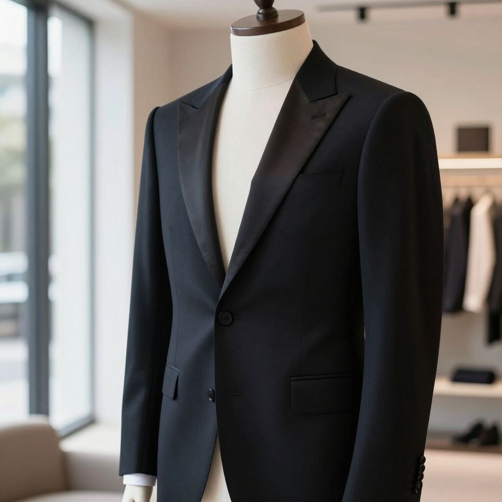 Black tuxedo jacket on a mannequin in a shop; a white dress shirt is visible.
