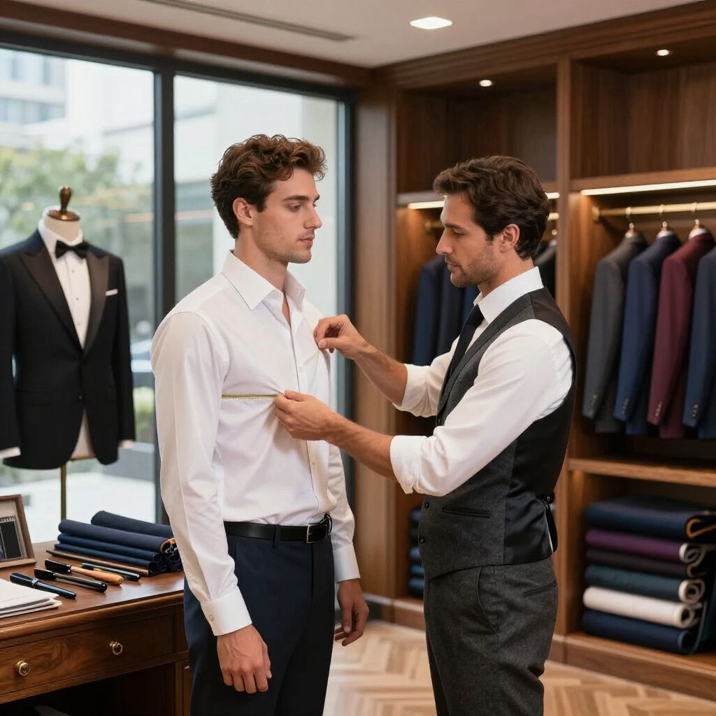 Tailor measuring a customer's chest with a measuring tape in a suit shop.