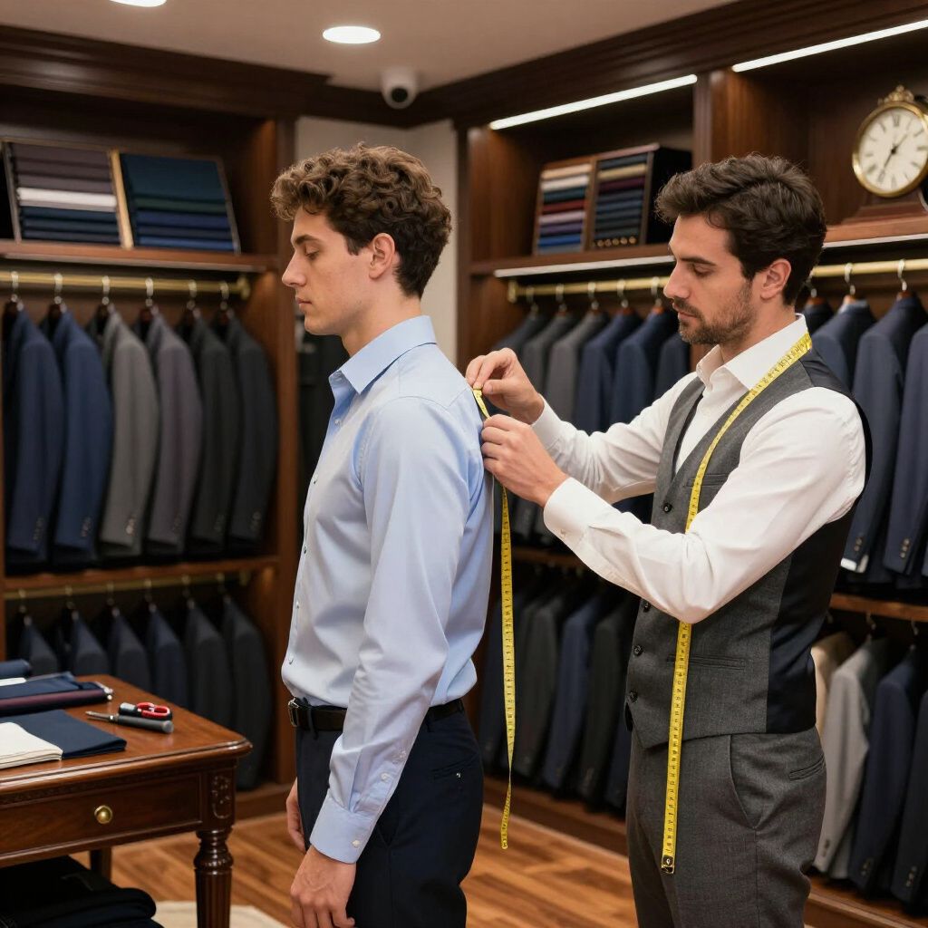 Tailor measuring a person's shoulder for a suit. The tailor holds a tape measure. The setting is a clothing store.