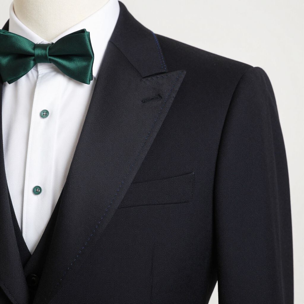 Close-up of a black tuxedo with a dark green bow tie and white dress shirt.