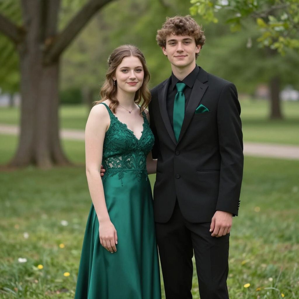 Young couple in formal wear, green dress and suit, posing outdoors.