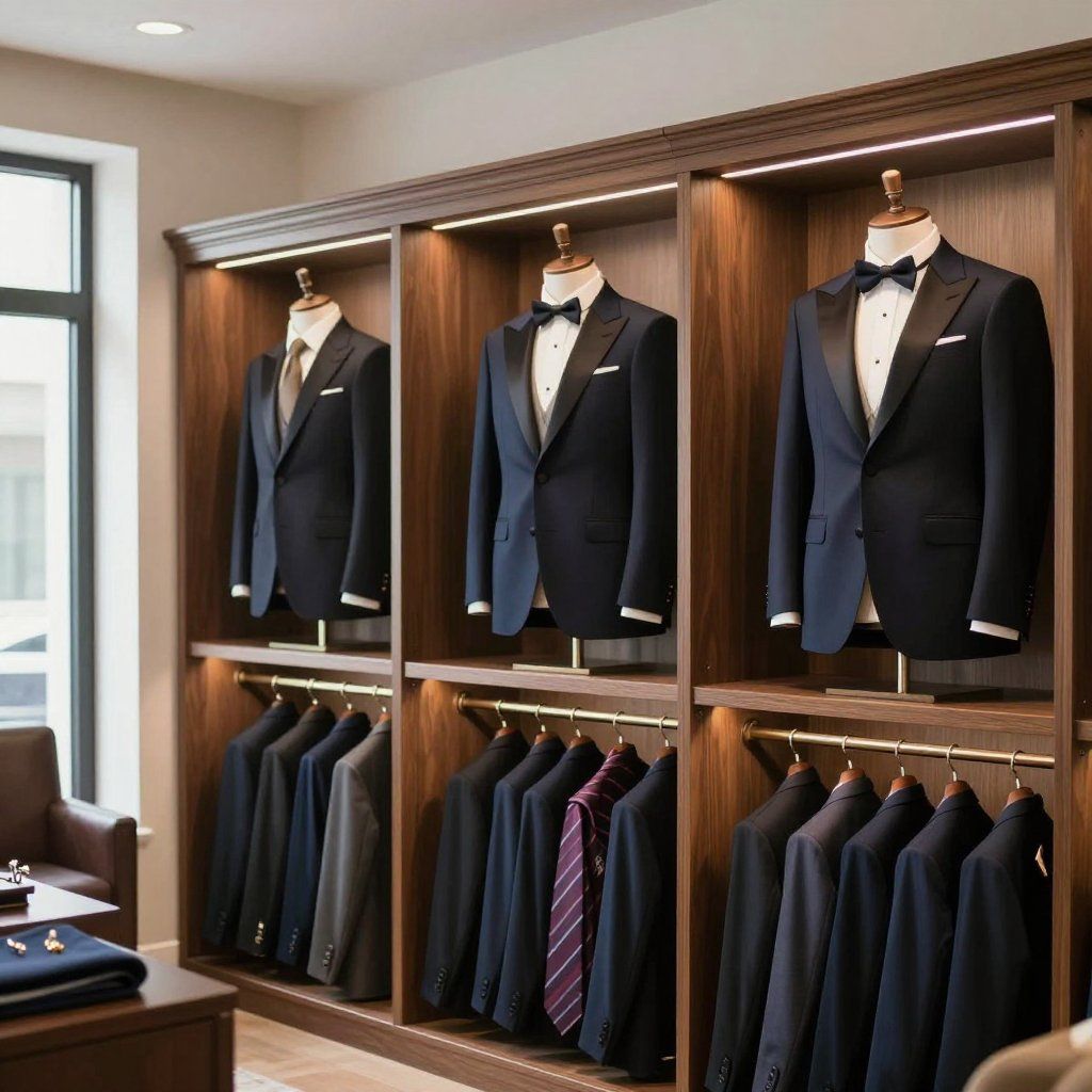 Suit display in a menswear shop, with jackets on mannequins and rows of suits hanging below.