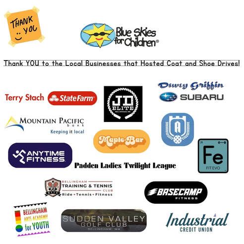 Thank you graphic listing businesses that hosted coat and shoe drives for Blue Skies for Children.