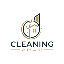 Logo for a cleaning service. Gold and navy house icon within a circle with stars. 