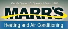 Logo for Marr's Heating and Air Conditioning. Text is black and yellow, blue banner at the bottom.