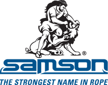 Man wrestling a lion, Samson logo. Blue wordmark: 