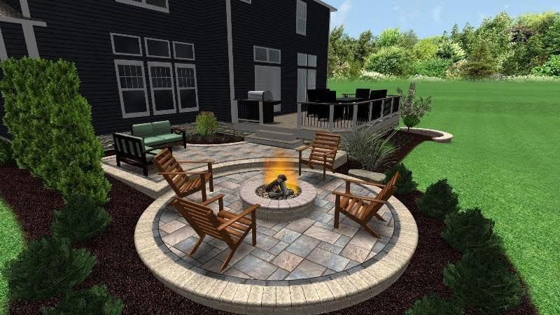 Backyard patio with fire pit, seating, and landscaping; a house is in the background.