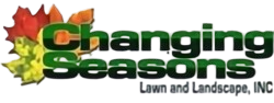 Logo for Changing Seasons Lawn and Landscape, INC, featuring green, black, and fall-colored leaves and text.