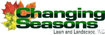Logo for Changing Seasons Lawn and Landscape, INC, featuring green, black, and fall-colored leaves and text.