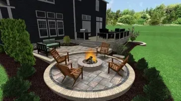 Backyard patio with fire pit, seating, deck, and black house.