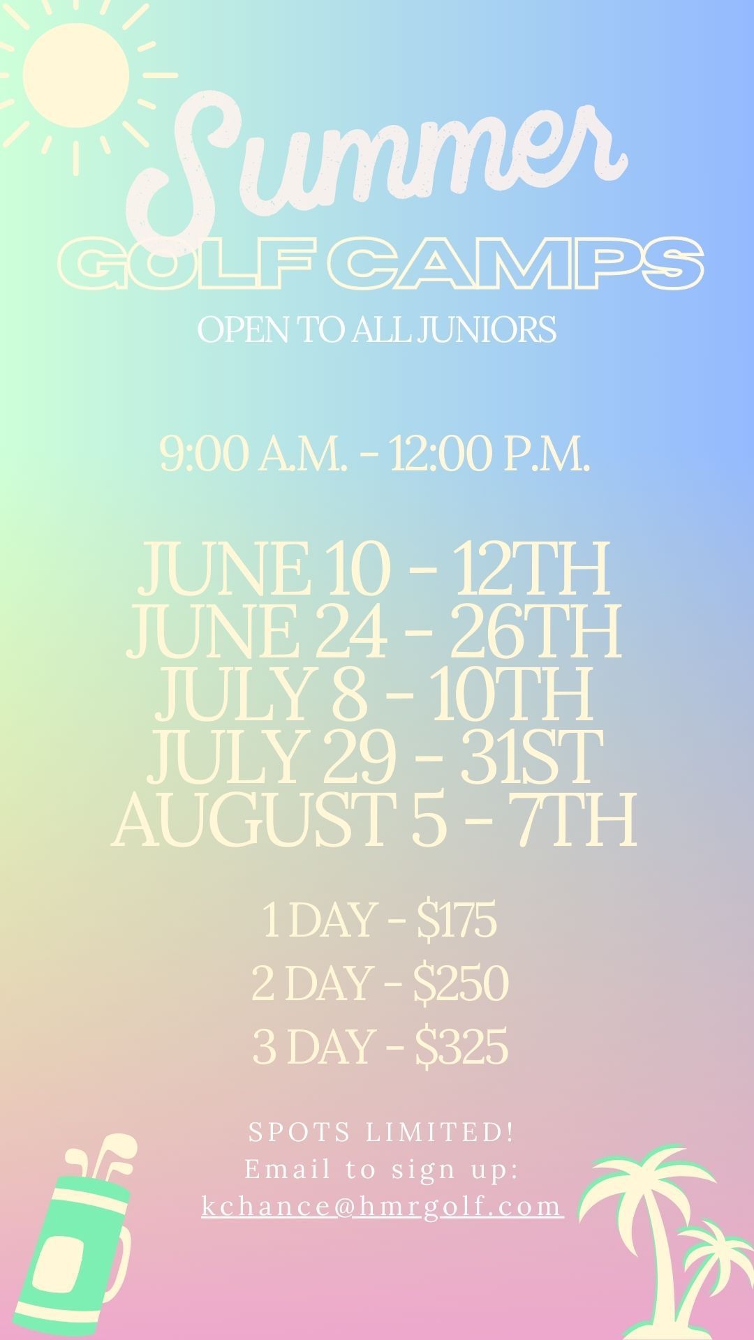 A poster for summer golf camps open to all juniors.