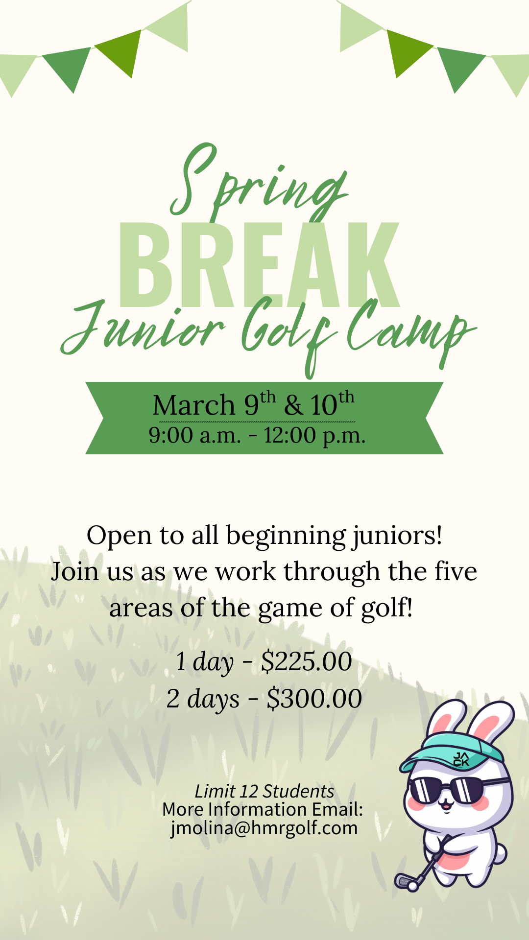 A poster for spring break golf camp open to all juniors.