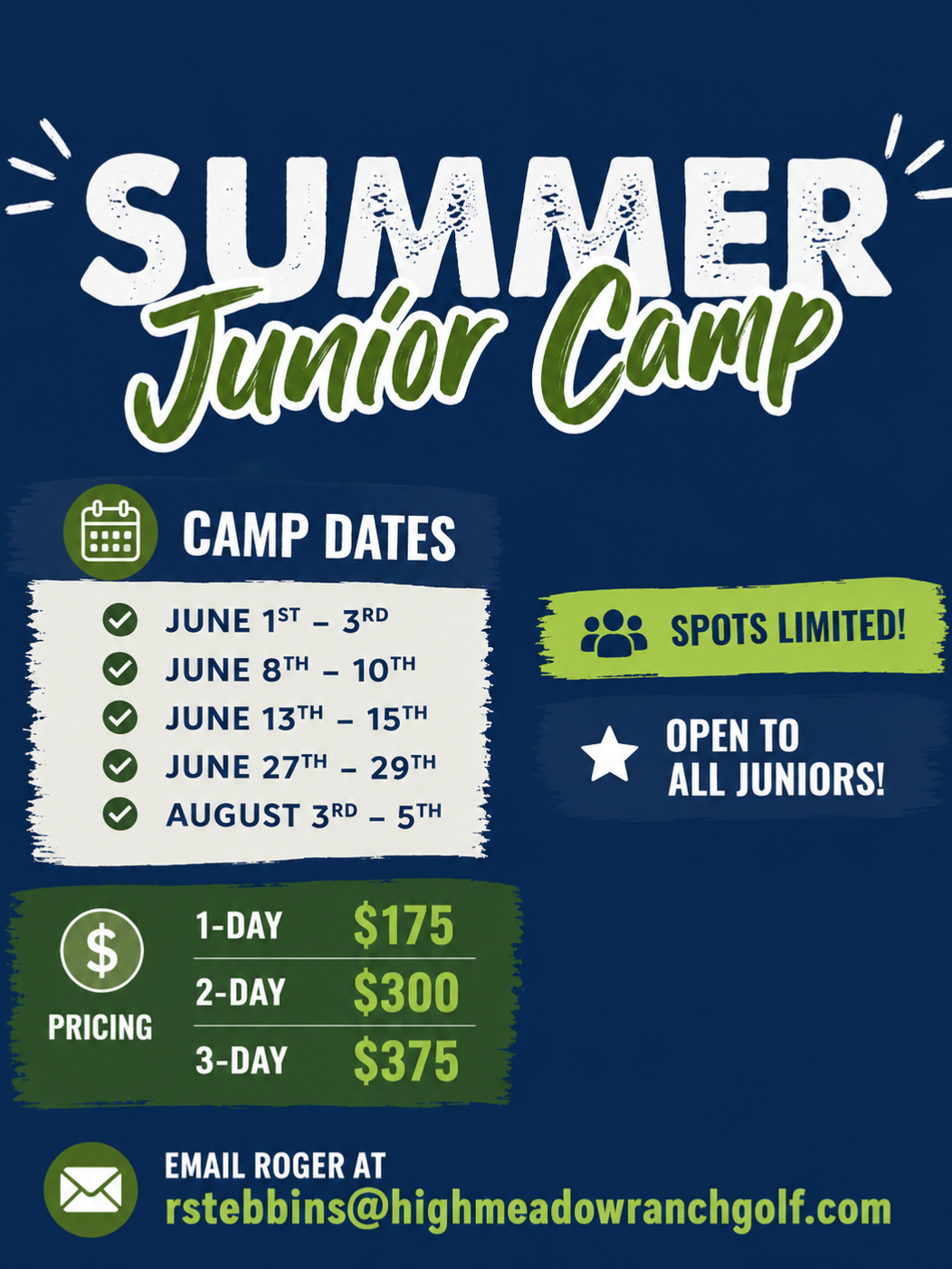 A poster for spring break golf camp open to all juniors.